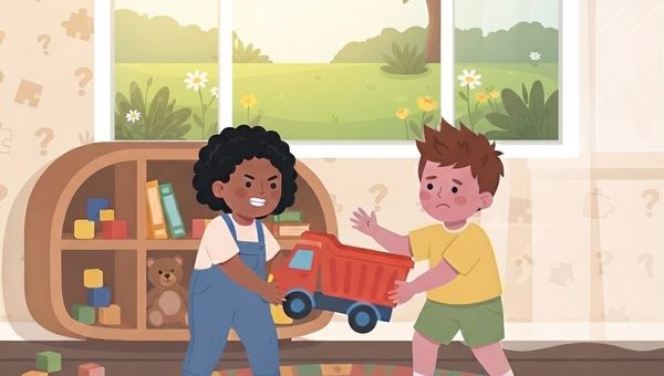 A flat vector illustration of a child's playroom with a large window looking out onto a simple, sunny green lawn with a tree and a few scattered white flowers. In the foreground, two toddlers are standing on a colorful patterned rug and arguing over a red toy dump truck; a child with curly black hair in blue overalls firmly holds one end of the truck with an intense expression, while a child in a yellow shirt and green shorts holds the other end looking upset. In the background, a low wooden bookshelf is filled with colorful toy blocks and a teddy bear, against a cream-colored wall patterned with question marks and puzzle pieces. The overall style is warm, graphic, and playful.