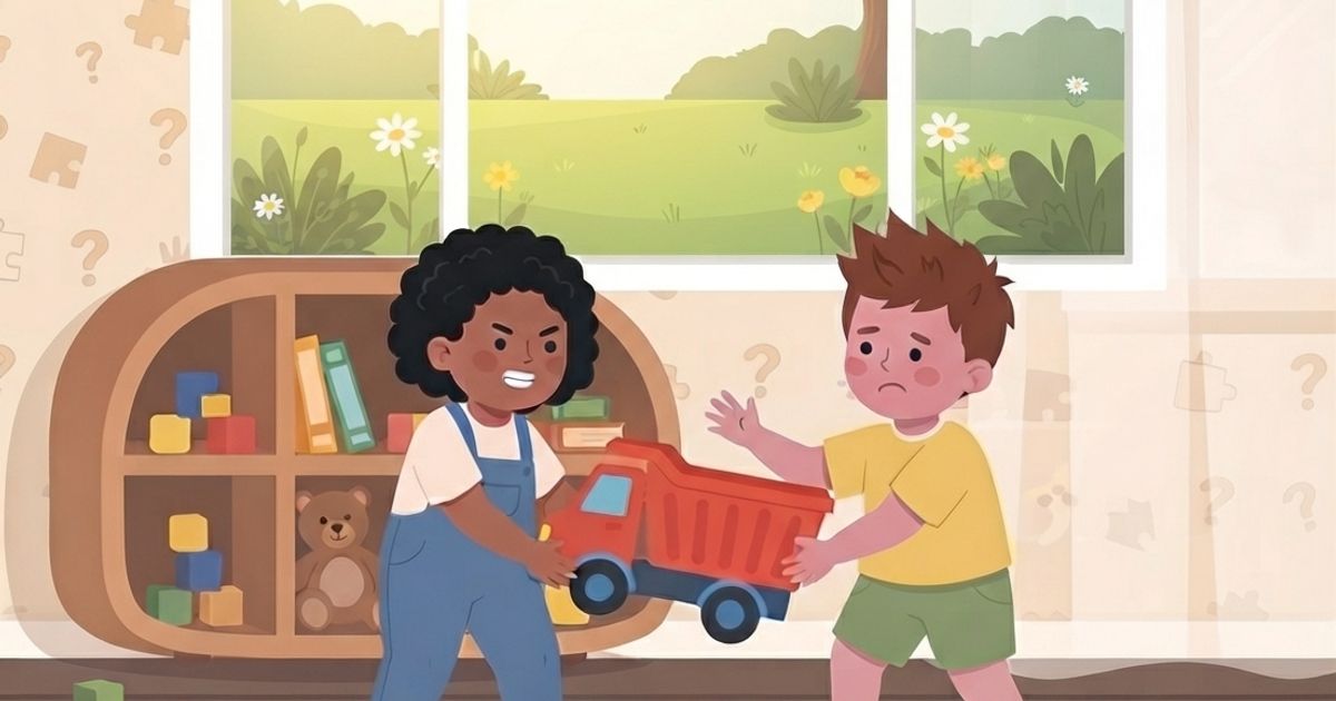A flat vector illustration of a child's playroom with a large window looking out onto a simple, sunny green lawn with a tree and a few scattered white flowers. In the foreground, two toddlers are standing on a colorful patterned rug and arguing over a red toy dump truck; a child with curly black hair in blue overalls firmly holds one end of the truck with an intense expression, while a child in a yellow shirt and green shorts holds the other end looking upset. In the background, a low wooden bookshelf is filled with colorful toy blocks and a teddy bear, against a cream-colored wall patterned with question marks and puzzle pieces. The overall style is warm, graphic, and playful.