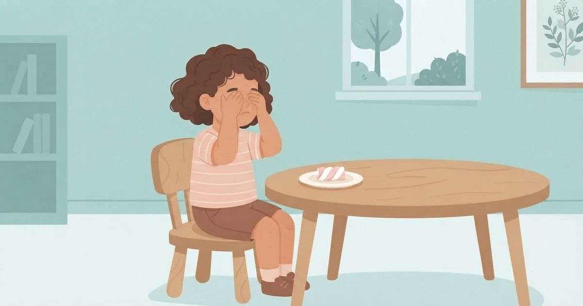 An illustration in a soft, muted pastel style showing a young girl with curly brown hair sitting alone at a wooden table in a bare room, covering her eyes with her hands to resist a single marshmallow placed on a white plate in front of her.