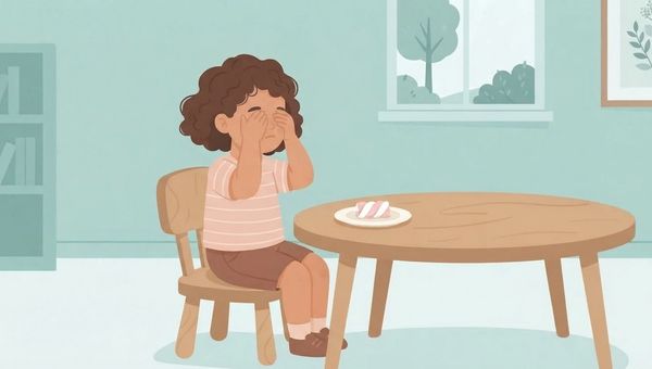 An illustration in a soft, muted pastel style showing a young girl with curly brown hair sitting alone at a wooden table in a bare room, covering her eyes with her hands to resist a single marshmallow placed on a white plate in front of her.