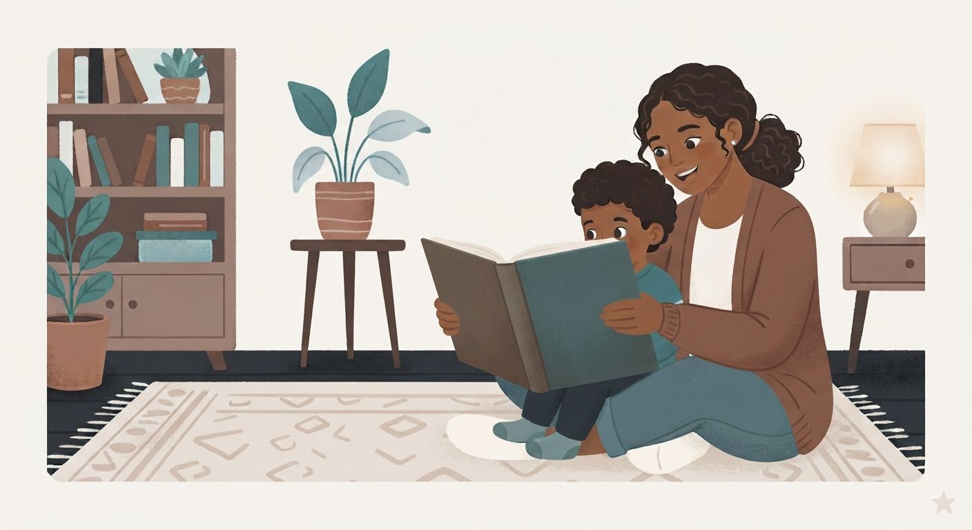An illustration in a soft, textured storybook style depicting a Black mother and her young son sitting comfortably on a patterned rug in a living room. The mother, with her hair in a bun and wearing a brown cardigan and blue jeans, sits behind the boy, smiling warmly as they both look at an open, dark-green book held in their hands. The son, with curly hair and wearing a blue sweater, is nestled in her lap, also engaged with the book. In the background on the left is a tall, dark-wood bookshelf filled with books and a potted plant. To the right, a large potted plant sits on a wooden stand, and a lit table lamp rests on a small nightstand. The overall color palette is composed of warm, muted tones: creams, deep teals, terracotta, and soft browns. A small, stylized star icon is subtly placed in the bottom right corner.