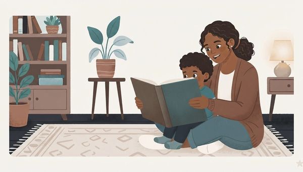An illustration in a soft, textured storybook style depicting a Black mother and her young son sitting comfortably on a patterned rug in a living room. The mother, with her hair in a bun and wearing a brown cardigan and blue jeans, sits behind the boy, smiling warmly as they both look at an open, dark-green book held in their hands. The son, with curly hair and wearing a blue sweater, is nestled in her lap, also engaged with the book. In the background on the left is a tall, dark-wood bookshelf filled with books and a potted plant. To the right, a large potted plant sits on a wooden stand, and a lit table lamp rests on a small nightstand. The overall color palette is composed of warm, muted tones: creams, deep teals, terracotta, and soft browns. A small, stylized star icon is subtly placed in the bottom right corner.
