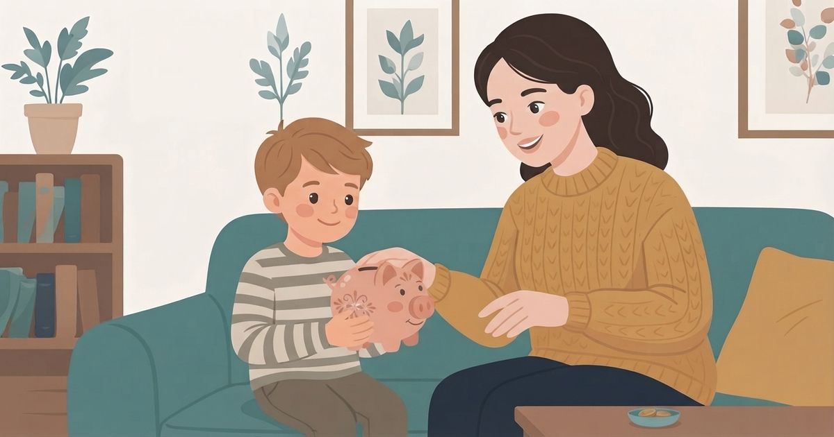 An illustrated scene shows a young boy with light brown hair, wearing a striped shirt, sitting on a teal sofa and holding a pink piggy bank with both hands. A woman with long, dark wavy hair, wearing a mustard yellow knit sweater, sits next to him on his right, looking at the piggy bank with a gentle smile. Her right hand is extended towards the piggy bank, as if guiding or touching it. On a small table in the foreground to the right, there is a small dish containing a few coins. The background features a bookshelf filled with books to the left, a potted plant on top of the bookshelf, and two framed botanical art prints on the cream-colored wall above the sofa. The overall style is a clean, flat vector illustration.