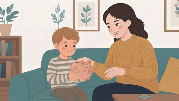 An illustrated scene shows a young boy with light brown hair, wearing a striped shirt, sitting on a teal sofa and holding a pink piggy bank with both hands. A woman with long, dark wavy hair, wearing a mustard yellow knit sweater, sits next to him on his right, looking at the piggy bank with a gentle smile. Her right hand is extended towards the piggy bank, as if guiding or touching it. On a small table in the foreground to the right, there is a small dish containing a few coins. The background features a bookshelf filled with books to the left, a potted plant on top of the bookshelf, and two framed botanical art prints on the cream-colored wall above the sofa. The overall style is a clean, flat vector illustration.