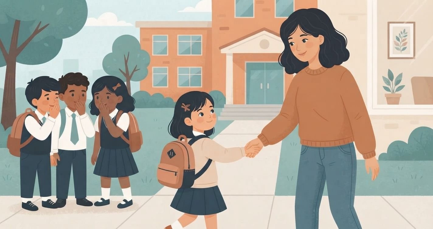 "An illustrative digital drawing in a flat, textured style and warm, muted color palette of teal, orange, and brown, depicting a six-year-old girl with a backpack looking over her shoulder at three other diverse school children who are whispering together. In the foreground, the girl is holding hands with her smiling mother, who offers a reassuring presence. The scene takes place on a sidewalk in front of a stylized school building entrance. No text is present.