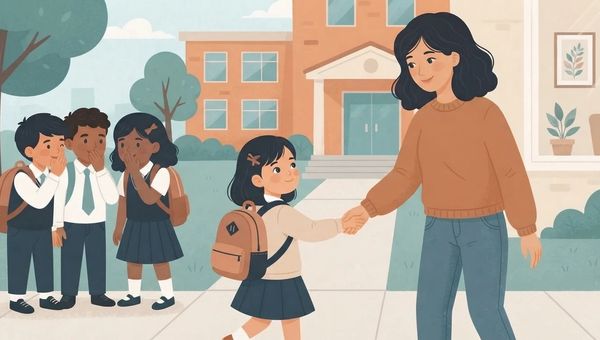 "An illustrative digital drawing in a flat, textured style and warm, muted color palette of teal, orange, and brown, depicting a six-year-old girl with a backpack looking over her shoulder at three other diverse school children who are whispering together. In the foreground, the girl is holding hands with her smiling mother, who offers a reassuring presence. The scene takes place on a sidewalk in front of a stylized school building entrance. No text is present.