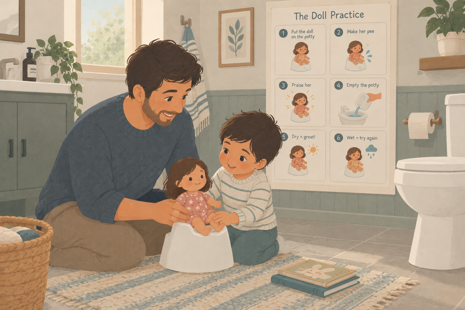A father and young boy practice toilet training with a doll on a small potty in a cozy bathroom, while an illustrated step-by-step chart shows the doll practice routine. The warm pastel scene emphasizes learning through modeling, repetition, and positive encouragement.