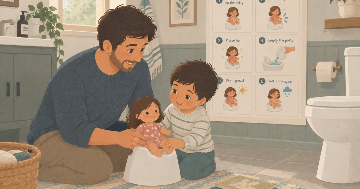 A father and young boy practice toilet training with a doll on a small potty in a cozy bathroom, while an illustrated step-by-step chart shows the doll practice routine. The warm pastel scene emphasizes learning through modeling, repetition, and positive encouragement.