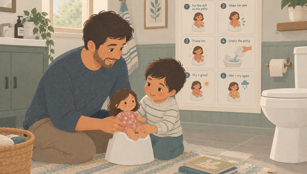 A father and young boy practice toilet training with a doll on a small potty in a cozy bathroom, while an illustrated step-by-step chart shows the doll practice routine. The warm pastel scene emphasizes learning through modeling, repetition, and positive encouragement.