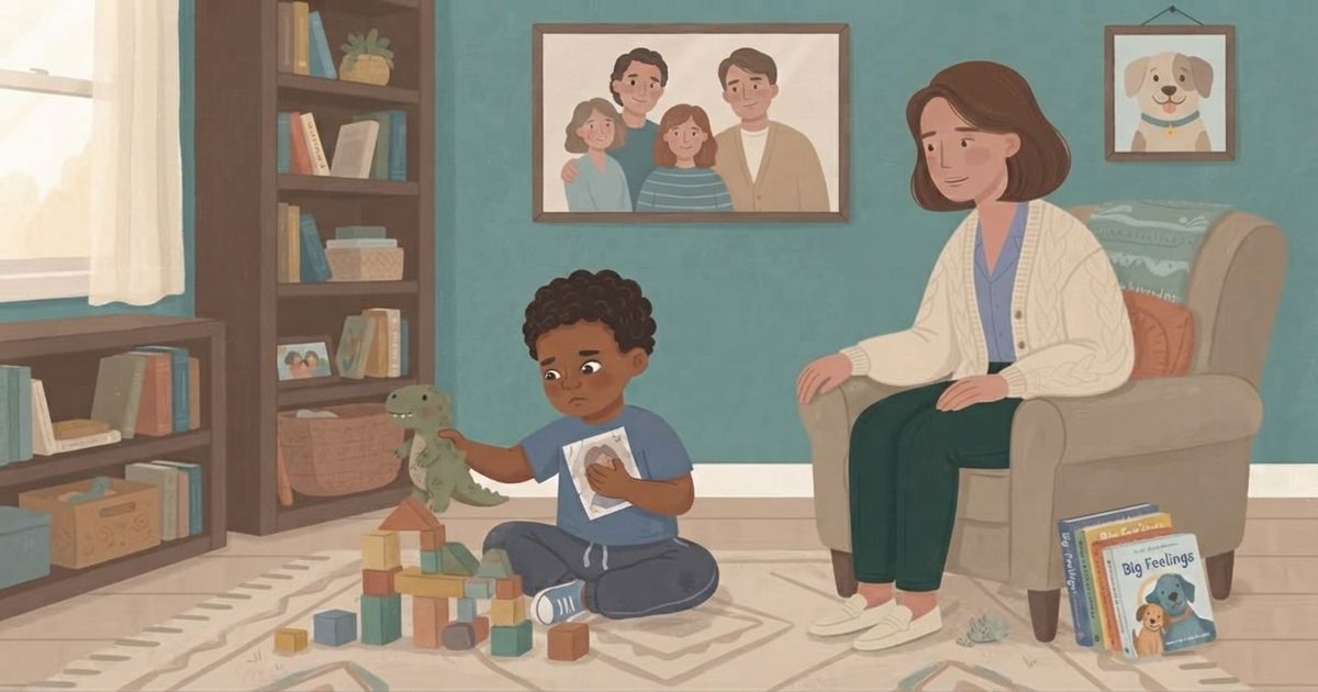 An illustrated scene in a muted, textured color palette shows a young boy of color with curly dark hair, wearing a blue t-shirt and grey sweatpants, sitting cross-legged on a patterned rug. He is holding a small, crinkled photo of an adult's face in one hand and a worn, small green plush dinosaur in the other, looking up with a concerned expression. A woman with short brown hair, wearing a cream-colored knitted cardigan and dark green pants, is seated in a beige armchair to the right, looking at the boy with a supportive expression and gently resting a hand on his shoulder. The setting is a cozy, muted-green bathroom with a pedestal sink, a round mirror, and a stack of books (one titled "Big Feelings") on a stool. A small, light-blue potty chair with a face on it sits in the foreground to the left. On the wall are two illustrated posters of the digestive and urinary tracts, with labels for "Coloin" and "Blagti". The overall style is warm, hand-drawn, and emotionally resonant.