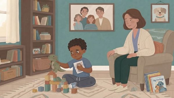 An illustrated scene in a muted, textured color palette shows a young boy of color with curly dark hair, wearing a blue t-shirt and grey sweatpants, sitting cross-legged on a patterned rug. He is holding a small, crinkled photo of an adult's face in one hand and a worn, small green plush dinosaur in the other, looking up with a concerned expression. A woman with short brown hair, wearing a cream-colored knitted cardigan and dark green pants, is seated in a beige armchair to the right, looking at the boy with a supportive expression and gently resting a hand on his shoulder. The setting is a cozy, muted-green bathroom with a pedestal sink, a round mirror, and a stack of books (one titled "Big Feelings") on a stool. A small, light-blue potty chair with a face on it sits in the foreground to the left. On the wall are two illustrated posters of the digestive and urinary tracts, with labels for "Coloin" and "Blagti". The overall style is warm, hand-drawn, and emotionally resonant.