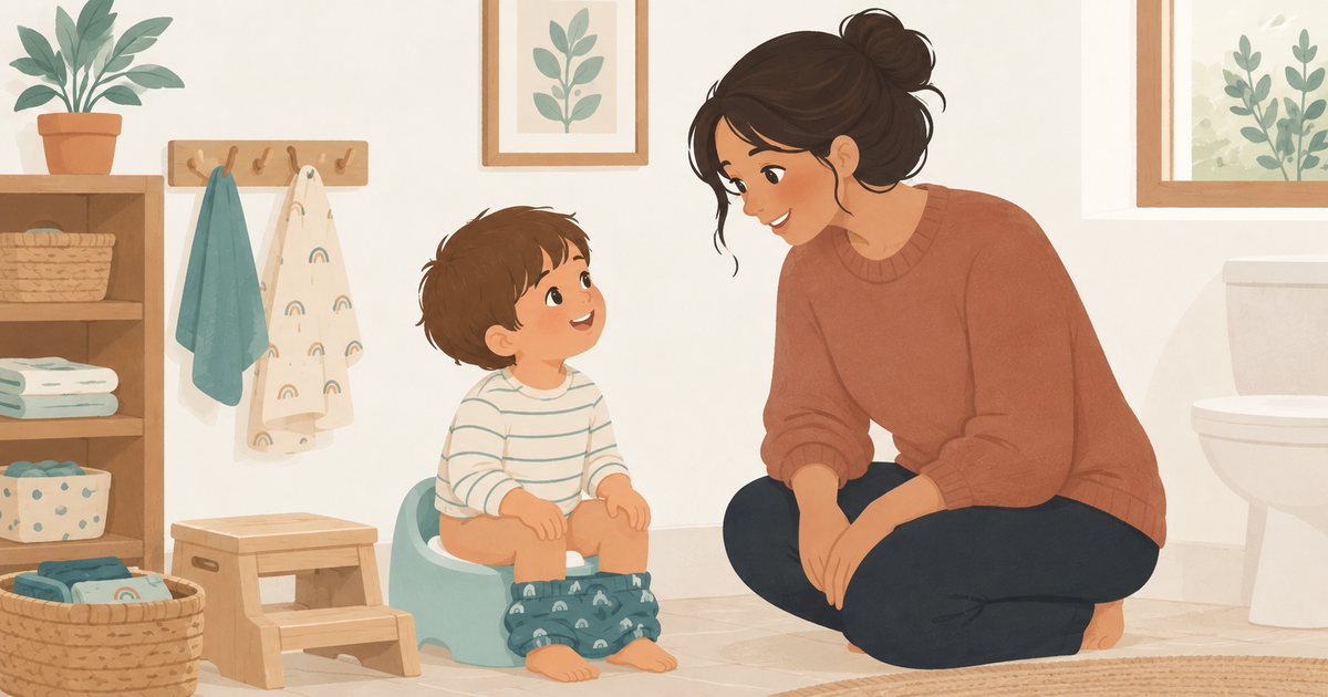 A mother gently supports her toddler during Montessori-inspired toilet learning in a warm, calm bathroom, with a child-sized potty, step stool, baskets, towels, and natural botanical decor.