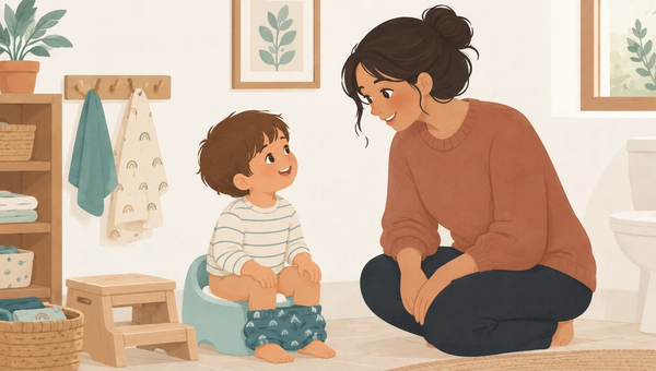 A mother gently supports her toddler during Montessori-inspired toilet learning in a warm, calm bathroom, with a child-sized potty, step stool, baskets, towels, and natural botanical decor.