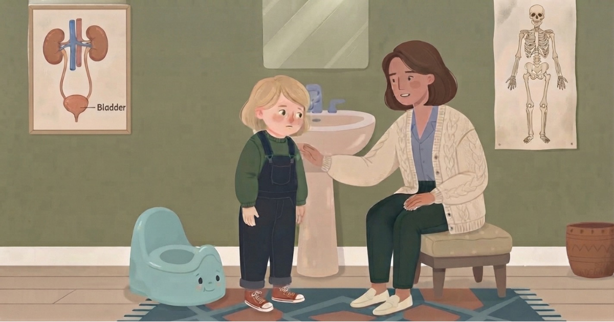An illustrated scene in a textured, earthy color palette shows a worried-looking young blonde child in dark overalls and red sneakers standing in a bathroom. A comforting adult figure with short brown hair, wearing a cream-colored cardigan and green pants, sits on a stool next to the child, resting a hand gently on the child's shoulder. Behind them is a pedestal sink and a small light-blue potty with a face drawn on it. On the muted green wall hang two educational posters with anatomical diagrams of the digestive and urinary tracts, with labels for the colon ("Coloin") and bladder ("Blagti"). A patterned rug covers the floor, and a wicker basket is in the corner. The overall impression is one of supportive care during potty training.