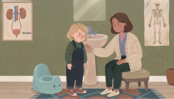 An illustrated scene in a textured, earthy color palette shows a worried-looking young blonde child in dark overalls and red sneakers standing in a bathroom. A comforting adult figure with short brown hair, wearing a cream-colored cardigan and green pants, sits on a stool next to the child, resting a hand gently on the child's shoulder. Behind them is a pedestal sink and a small light-blue potty with a face drawn on it. On the muted green wall hang two educational posters with anatomical diagrams of the digestive and urinary tracts, with labels for the colon ("Coloin") and bladder ("Blagti"). A patterned rug covers the floor, and a wicker basket is in the corner. The overall impression is one of supportive care during potty training.