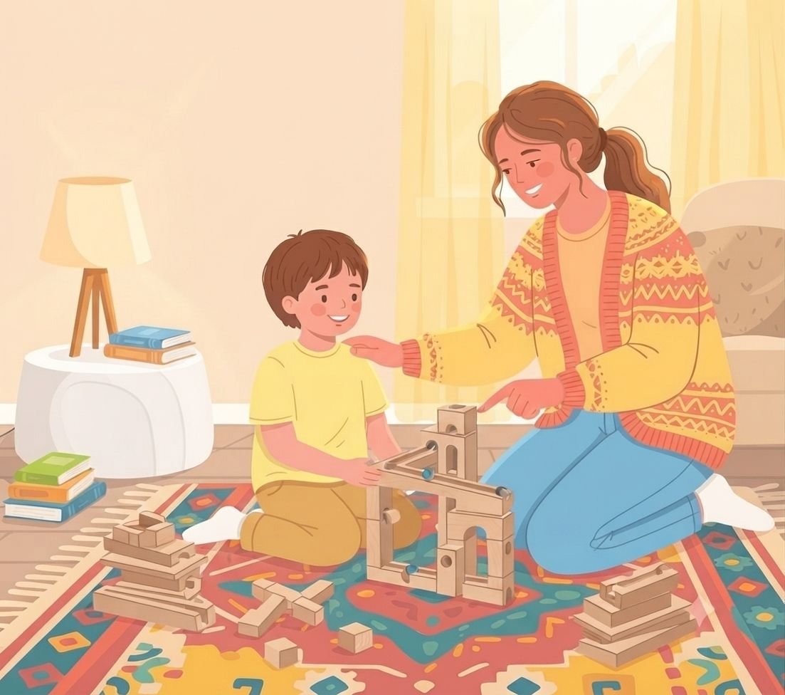 A warm, friendly vector illustration shows a mother and her young son kneeling on a colorful, patterned rug and playing with a wooden marble run. The mother, with her brown hair tied in a ponytail, wears a patterned yellow cardigan and blue jeans, smiling as she points and guides a marble. The son, in a yellow t-shirt and tan pants, is also smiling and engaged with the structure. In the background, there's a round white table with a lamp and stacked books, and a window covered by sheer curtains. Wooden blocks are scattered around on the rug. The overall style is cozy and inviting.