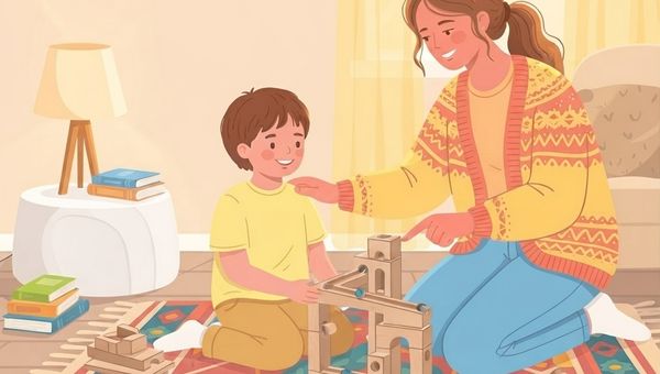 A warm, friendly vector illustration shows a mother and her young son kneeling on a colorful, patterned rug and playing with a wooden marble run. The mother, with her brown hair tied in a ponytail, wears a patterned yellow cardigan and blue jeans, smiling as she points and guides a marble. The son, in a yellow t-shirt and tan pants, is also smiling and engaged with the structure. In the background, there's a round white table with a lamp and stacked books, and a window covered by sheer curtains. Wooden blocks are scattered around on the rug. The overall style is cozy and inviting.