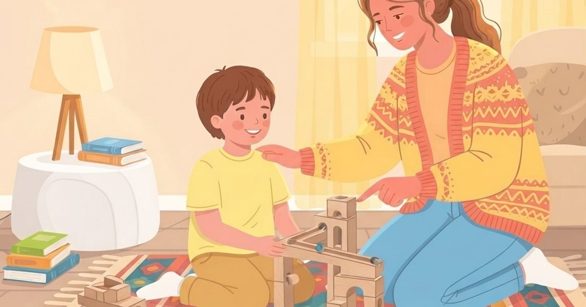 A warm, friendly vector illustration shows a mother and her young son kneeling on a colorful, patterned rug and playing with a wooden marble run. The mother, with her brown hair tied in a ponytail, wears a patterned yellow cardigan and blue jeans, smiling as she points and guides a marble. The son, in a yellow t-shirt and tan pants, is also smiling and engaged with the structure. In the background, there's a round white table with a lamp and stacked books, and a window covered by sheer curtains. Wooden blocks are scattered around on the rug. The overall style is cozy and inviting.