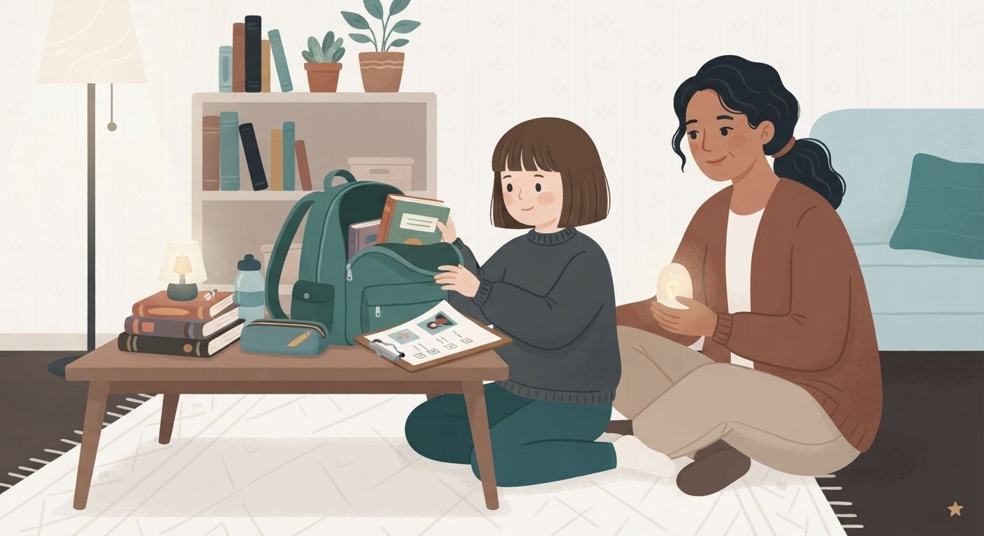 An illustration in a warm, textured vector art style depicting an evening school-prep scene in a cozy living room. A young girl with short brown hair, wearing a dark sweater and pants, sits cross-legged on a light-colored rug beside a low wooden coffee table, carefully packing books into an open green backpack. A picture checklist lies on the table next to a pencil case and a stack of books. To her right, an adult woman with dark hair tied back, wearing a brown cardigan, sits on the floor watching supportively while holding a small glowing nightlight. In the background, a bookshelf filled with books and potted plants sits against a wall, next to a floor lamp and a comfortable couch. The color palette features soft creams, dark charcoal, muted teal, and warm earthy browns.