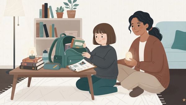 An illustration in a warm, textured vector art style depicting an evening school-prep scene in a cozy living room. A young girl with short brown hair, wearing a dark sweater and pants, sits cross-legged on a light-colored rug beside a low wooden coffee table, carefully packing books into an open green backpack. A picture checklist lies on the table next to a pencil case and a stack of books. To her right, an adult woman with dark hair tied back, wearing a brown cardigan, sits on the floor watching supportively while holding a small glowing nightlight. In the background, a bookshelf filled with books and potted plants sits against a wall, next to a floor lamp and a comfortable couch. The color palette features soft creams, dark charcoal, muted teal, and warm earthy browns.