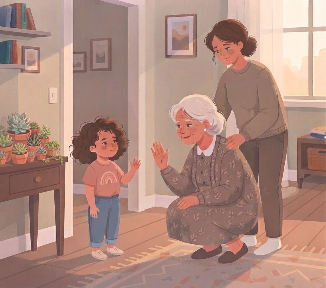An illustration in a warm, textured art style depicting an indoor scene with three generations. In the foreground, a young girl with curly brown hair, wearing a pink t-shirt and blue jeans, is standing and waving her right hand. Opposite her, an elderly grandmother with white hair, wearing a grey patterned dress, is crouching and waving back with her left hand. A mother with brown hair pulled back, wearing a brown sweater and dark pants, stands behind the grandmother, with her hands resting gently on the grandmother's shoulders. The room features a wooden entryway table to the left covered with several potted succulents, a shelf unit with books and framed art, a doorway leading to another room with more framed art, and a large window to the right providing soft, diffused light. A patterned rug covers the wooden floor. The overall atmosphere is warm and affectionate.