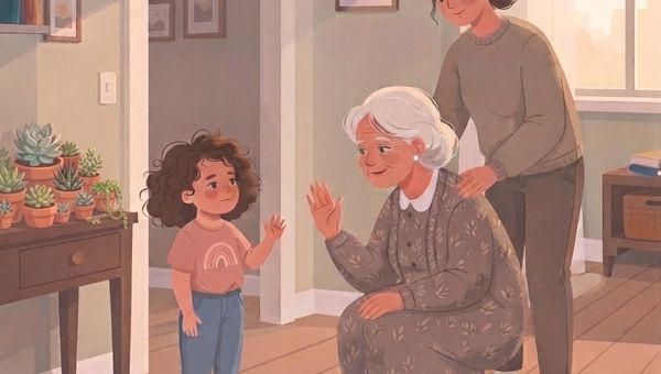 An illustration in a warm, textured art style depicting an indoor scene with three generations. In the foreground, a young girl with curly brown hair, wearing a pink t-shirt and blue jeans, is standing and waving her right hand. Opposite her, an elderly grandmother with white hair, wearing a grey patterned dress, is crouching and waving back with her left hand. A mother with brown hair pulled back, wearing a brown sweater and dark pants, stands behind the grandmother, with her hands resting gently on the grandmother's shoulders. The room features a wooden entryway table to the left covered with several potted succulents, a shelf unit with books and framed art, a doorway leading to another room with more framed art, and a large window to the right providing soft, diffused light. A patterned rug covers the wooden floor. The overall atmosphere is warm and affectionate.