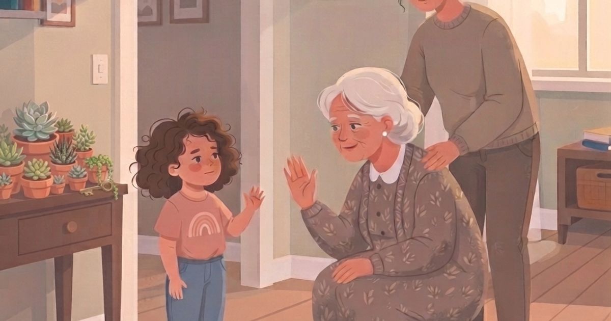 An illustration in a warm, textured art style depicting an indoor scene with three generations. In the foreground, a young girl with curly brown hair, wearing a pink t-shirt and blue jeans, is standing and waving her right hand. Opposite her, an elderly grandmother with white hair, wearing a grey patterned dress, is crouching and waving back with her left hand. A mother with brown hair pulled back, wearing a brown sweater and dark pants, stands behind the grandmother, with her hands resting gently on the grandmother's shoulders. The room features a wooden entryway table to the left covered with several potted succulents, a shelf unit with books and framed art, a doorway leading to another room with more framed art, and a large window to the right providing soft, diffused light. A patterned rug covers the wooden floor. The overall atmosphere is warm and affectionate.