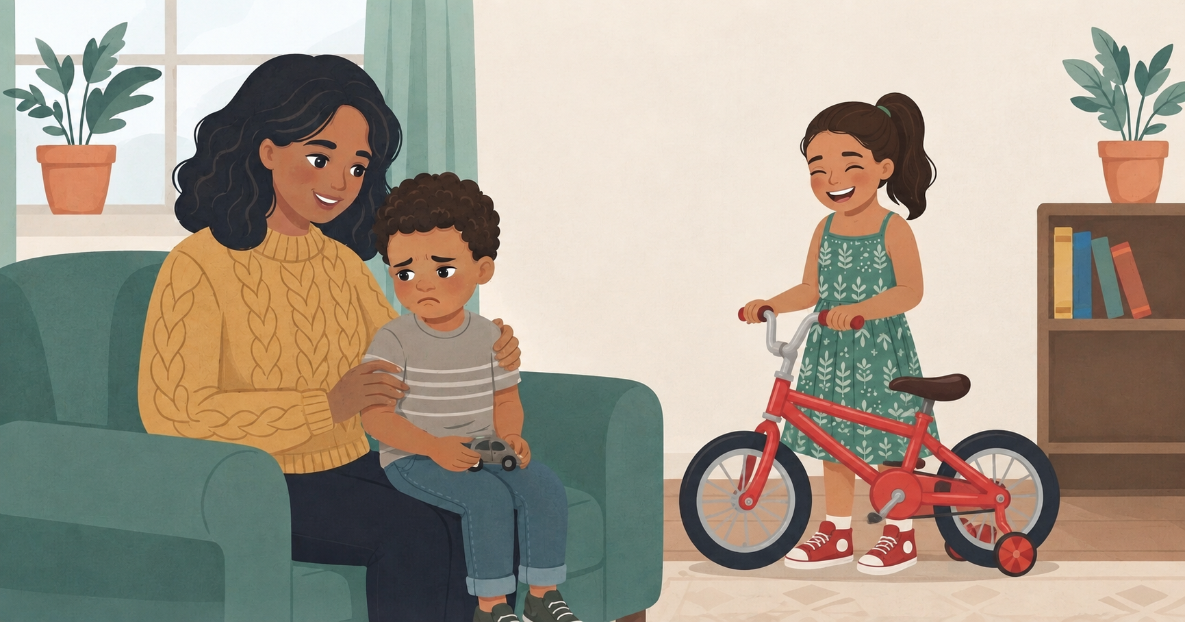 A mother comforts her sad young son on a teal sofa while a smiling girl stands beside her red bicycle in a cozy, warm living room with plants, a bookshelf, and soft natural light.