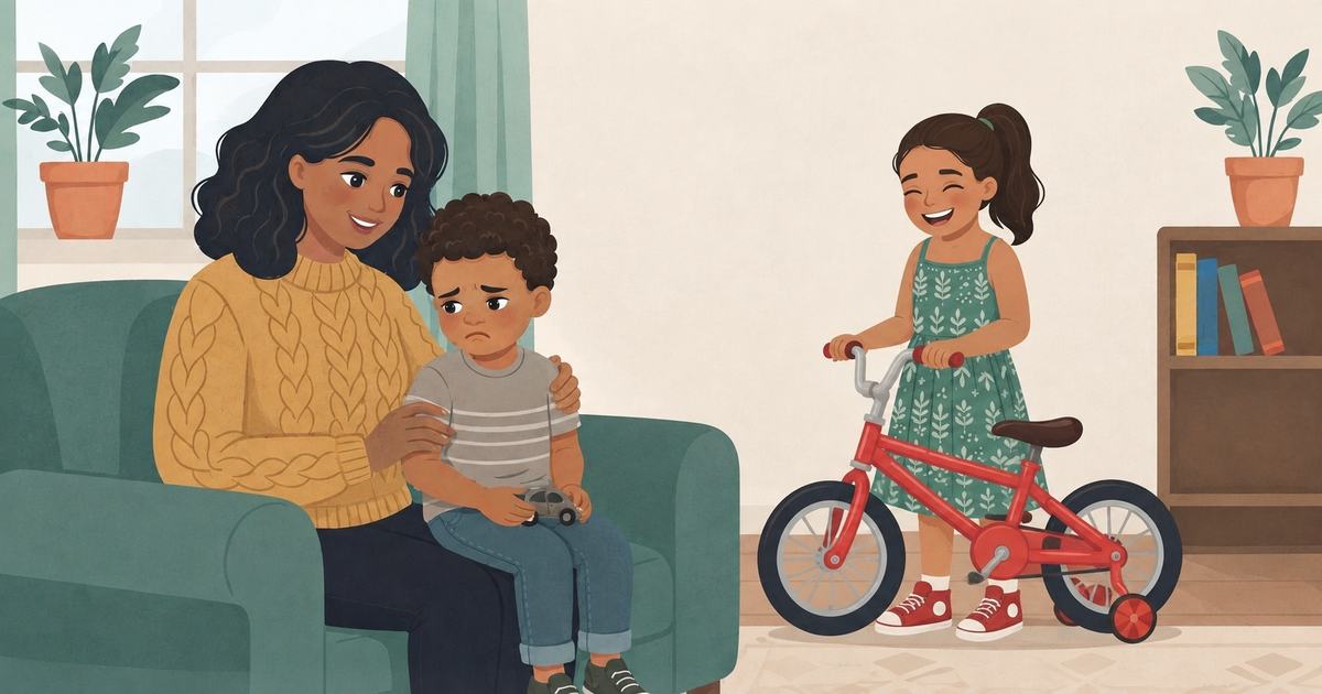A mother comforts her sad young son on a teal sofa while a smiling girl stands beside her red bicycle in a cozy, warm living room with plants, a bookshelf, and soft natural light.