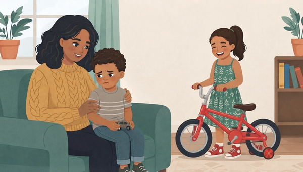 A mother comforts her sad young son on a teal sofa while a smiling girl stands beside her red bicycle in a cozy, warm living room with plants, a bookshelf, and soft natural light.