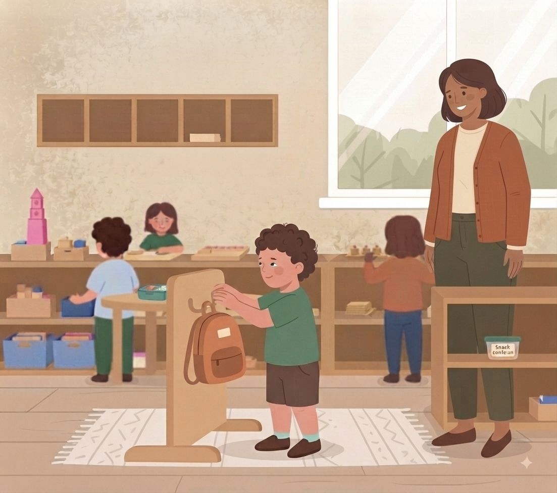 An illustration of a diverse Montessori classroom scene. In the foreground, a young boy with curly brown hair is standing, smiling, and hanging his brown backpack on a low, child-sized wooden coat rack on a patterned rug. He is wearing a green t-shirt and brown shorts. To the right, a female teacher of color, wearing a brown cardigan and green trousers, stands watching with a warm smile. In the background, other children are engaged in activities at shelves filled with educational materials; one boy is at a table with small objects, and a girl is at a shelf unit. The classroom features light-colored wooden shelving, cubbies on the wall, a large window with a view of trees, and a clear plastic bin on a shelf labeled "Snack contain:en". The art style is a clean, friendly vector illustration.