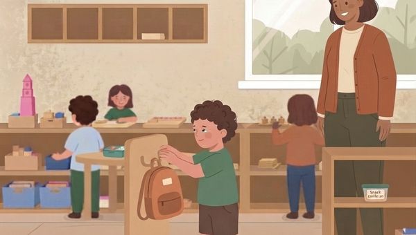 An illustration of a diverse Montessori classroom scene. In the foreground, a young boy with curly brown hair is standing, smiling, and hanging his brown backpack on a low, child-sized wooden coat rack on a patterned rug. He is wearing a green t-shirt and brown shorts. To the right, a female teacher of color, wearing a brown cardigan and green trousers, stands watching with a warm smile. In the background, other children are engaged in activities at shelves filled with educational materials; one boy is at a table with small objects, and a girl is at a shelf unit. The classroom features light-colored wooden shelving, cubbies on the wall, a large window with a view of trees, and a clear plastic bin on a shelf labeled "Snack contain:en". The art style is a clean, friendly vector illustration.