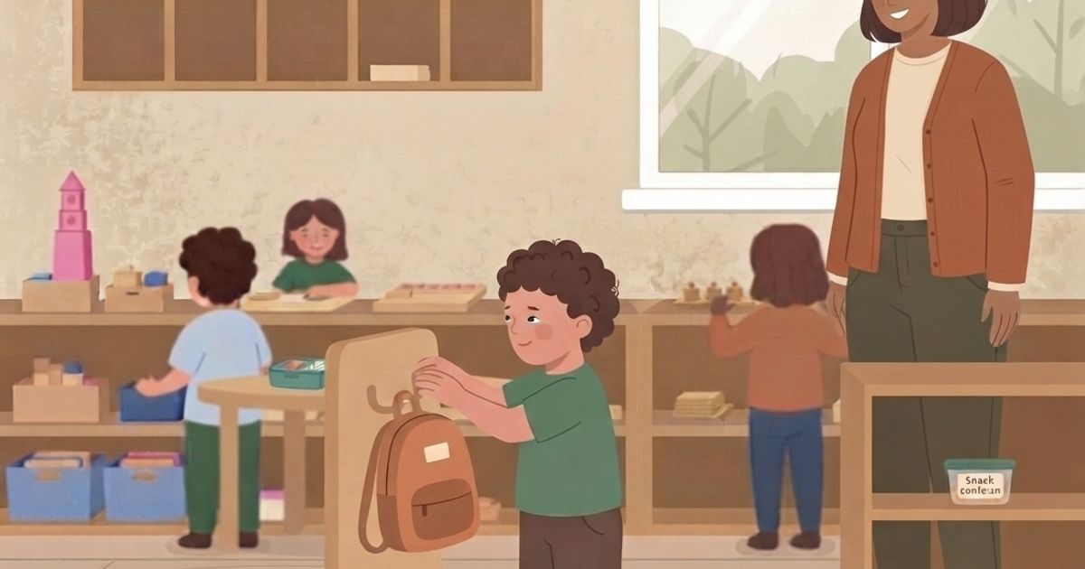 An illustration of a diverse Montessori classroom scene. In the foreground, a young boy with curly brown hair is standing, smiling, and hanging his brown backpack on a low, child-sized wooden coat rack on a patterned rug. He is wearing a green t-shirt and brown shorts. To the right, a female teacher of color, wearing a brown cardigan and green trousers, stands watching with a warm smile. In the background, other children are engaged in activities at shelves filled with educational materials; one boy is at a table with small objects, and a girl is at a shelf unit. The classroom features light-colored wooden shelving, cubbies on the wall, a large window with a view of trees, and a clear plastic bin on a shelf labeled "Snack contain:en". The art style is a clean, friendly vector illustration.