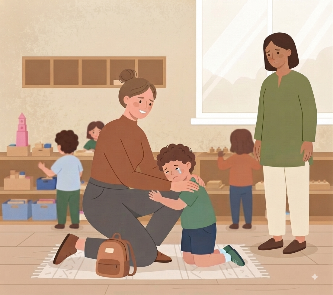 An illustration of a classroom drop-off scene. A mother with her hair in a bun, wearing a brown sweater and grey pants, is kneeling on a patterned rug, comforting her young son. The boy, wearing a green t-shirt and shorts, is crying and clinging to his mother, with tear streaks visible on his cheek. A small brown backpack sits on the rug beside them. In the background, a smiling female teacher in a green tunic stands watching. Other children are visible on shelves, with one boy playing with a pink tower and another girl near a window. The room has warm-toned walls, wooden shelving units filled with toys and supplies, and a large window providing natural light. The art style is clean vector illustration with flat colors.