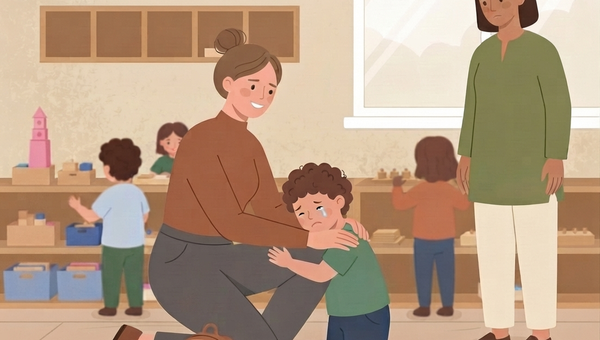 An illustration of a classroom drop-off scene. A mother with her hair in a bun, wearing a brown sweater and grey pants, is kneeling on a patterned rug, comforting her young son. The boy, wearing a green t-shirt and shorts, is crying and clinging to his mother, with tear streaks visible on his cheek. A small brown backpack sits on the rug beside them. In the background, a smiling female teacher in a green tunic stands watching. Other children are visible on shelves, with one boy playing with a pink tower and another girl near a window. The room has warm-toned walls, wooden shelving units filled with toys and supplies, and a large window providing natural light. The art style is clean vector illustration with flat colors.