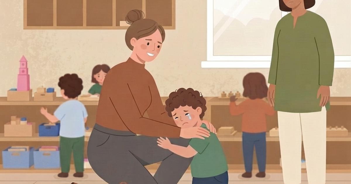 An illustration of a classroom drop-off scene. A mother with her hair in a bun, wearing a brown sweater and grey pants, is kneeling on a patterned rug, comforting her young son. The boy, wearing a green t-shirt and shorts, is crying and clinging to his mother, with tear streaks visible on his cheek. A small brown backpack sits on the rug beside them. In the background, a smiling female teacher in a green tunic stands watching. Other children are visible on shelves, with one boy playing with a pink tower and another girl near a window. The room has warm-toned walls, wooden shelving units filled with toys and supplies, and a large window providing natural light. The art style is clean vector illustration with flat colors.