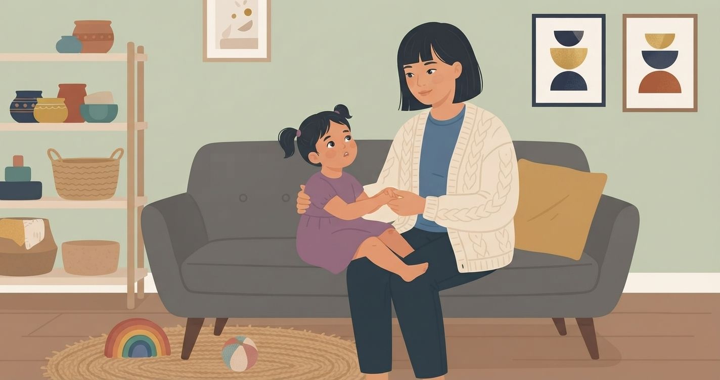 An illustrative vector scene in a cozy, bright living room features an Asian mother with short dark hair sitting on a dark gray sofa, wearing a cream-colored knitted cardigan over a blue top. Next to her, a young daughter with twin pigtails wearing a purple dress sits on her lap, holding hands with her and looking up attentively. In the background, there is a light green wall decorated with abstract geometric art prints, a light wooden shelving unit filled with decorative ceramics and baskets, and a round woven rug on the wooden floor with a wooden rainbow toy and a small ball. The overall art style is warm, flat, and gentle with soft pastel tones.