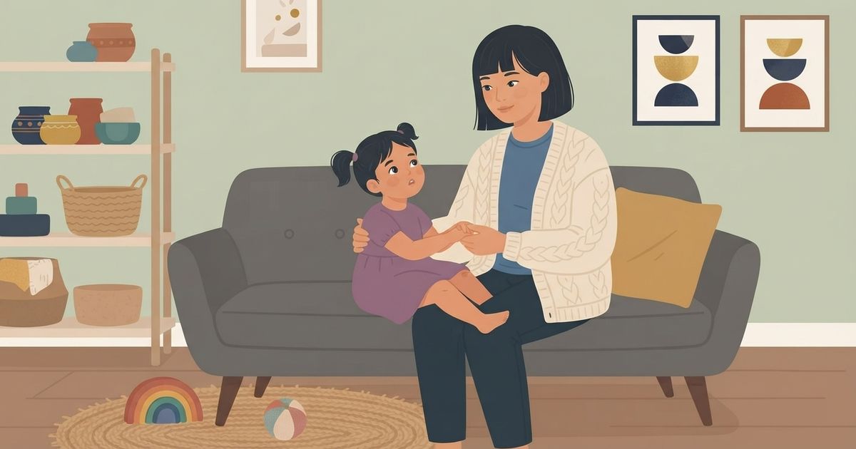 An illustrative vector scene in a cozy, bright living room features an Asian mother with short dark hair sitting on a dark gray sofa, wearing a cream-colored knitted cardigan over a blue top. Next to her, a young daughter with twin pigtails wearing a purple dress sits on her lap, holding hands with her and looking up attentively. In the background, there is a light green wall decorated with abstract geometric art prints, a light wooden shelving unit filled with decorative ceramics and baskets, and a round woven rug on the wooden floor with a wooden rainbow toy and a small ball. The overall art style is warm, flat, and gentle with soft pastel tones.
