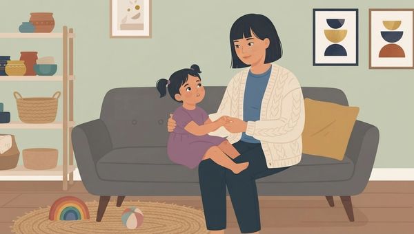 An illustrative vector scene in a cozy, bright living room features an Asian mother with short dark hair sitting on a dark gray sofa, wearing a cream-colored knitted cardigan over a blue top. Next to her, a young daughter with twin pigtails wearing a purple dress sits on her lap, holding hands with her and looking up attentively. In the background, there is a light green wall decorated with abstract geometric art prints, a light wooden shelving unit filled with decorative ceramics and baskets, and a round woven rug on the wooden floor with a wooden rainbow toy and a small ball. The overall art style is warm, flat, and gentle with soft pastel tones.