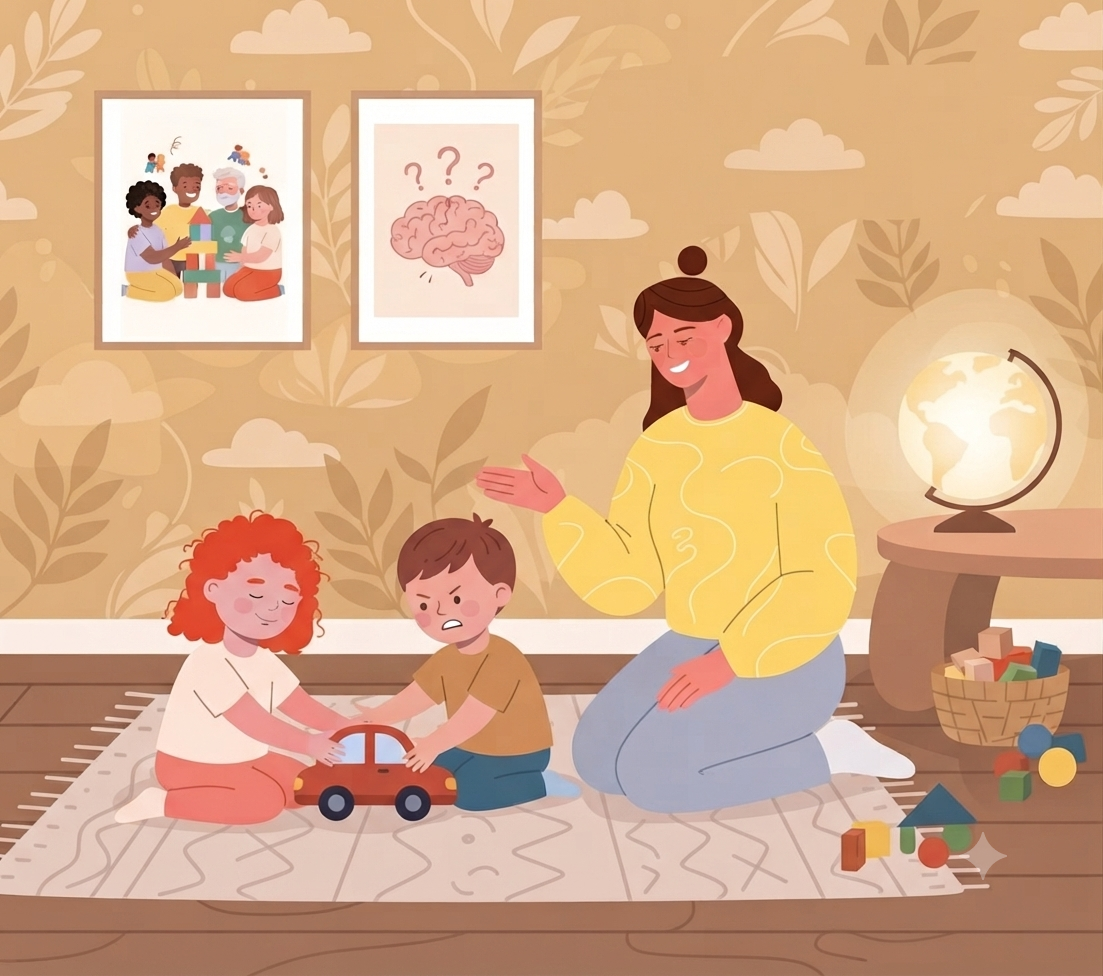 A flat vector illustration of a cozy living room scene. On a patterned rug on a wooden floor, a young girl with curly red hair and a boy with brown hair are both holding onto a single red toy car, with the boy looking frustrated. A woman in a yellow patterned sweater is kneeling on the rug next to them, smiling gently and extending her hand in a calming gesture. In the background, on a wall with a leaf-and-cloud-patterned wallpaper, there are two framed pictures: one shows a group of five diverse children building a block tower, and the other shows a human brain with a question mark above it. To the right, a glowing globe lamp sits on a wooden side table next to a basket of wooden blocks, and more blocks are scattered on the floor. The overall style is warm, friendly, and graphic.