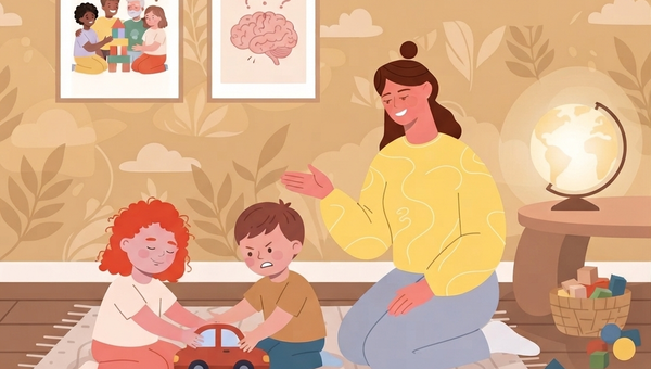 A flat vector illustration of a cozy living room scene. On a patterned rug on a wooden floor, a young girl with curly red hair and a boy with brown hair are both holding onto a single red toy car, with the boy looking frustrated. A woman in a yellow patterned sweater is kneeling on the rug next to them, smiling gently and extending her hand in a calming gesture. In the background, on a wall with a leaf-and-cloud-patterned wallpaper, there are two framed pictures: one shows a group of five diverse children building a block tower, and the other shows a human brain with a question mark above it. To the right, a glowing globe lamp sits on a wooden side table next to a basket of wooden blocks, and more blocks are scattered on the floor. The overall style is warm, friendly, and graphic.