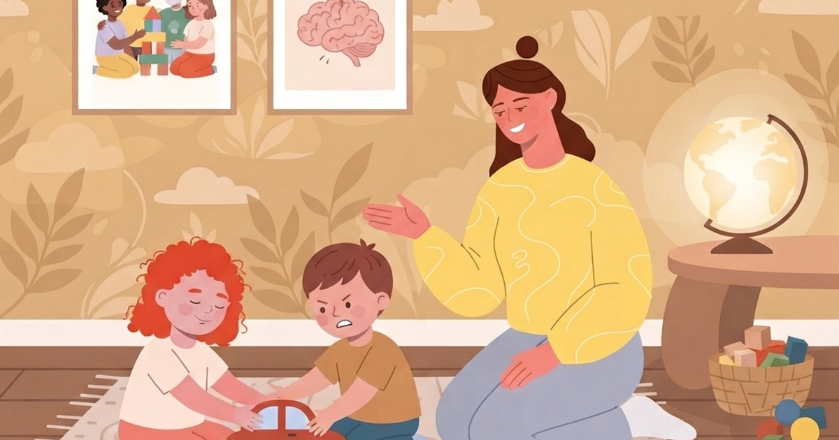 A flat vector illustration of a cozy living room scene. On a patterned rug on a wooden floor, a young girl with curly red hair and a boy with brown hair are both holding onto a single red toy car, with the boy looking frustrated. A woman in a yellow patterned sweater is kneeling on the rug next to them, smiling gently and extending her hand in a calming gesture. In the background, on a wall with a leaf-and-cloud-patterned wallpaper, there are two framed pictures: one shows a group of five diverse children building a block tower, and the other shows a human brain with a question mark above it. To the right, a glowing globe lamp sits on a wooden side table next to a basket of wooden blocks, and more blocks are scattered on the floor. The overall style is warm, friendly, and graphic.