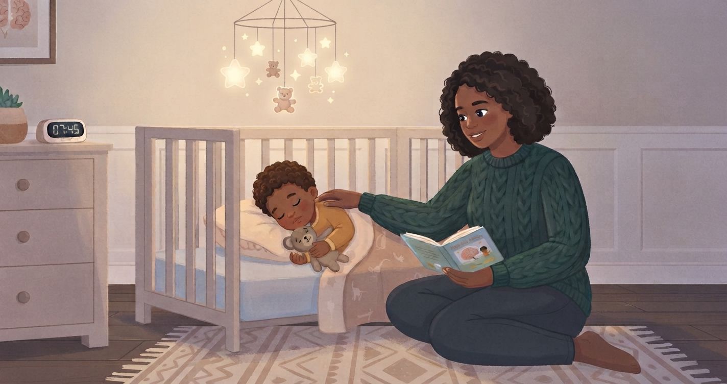 An illustrated scene in a softly lit nursery. A woman with dark curly hair wearing a green cable-knit sweater is sitting on a patterned rug, smiling down at a baby asleep in a white crib. The baby holds a small teddy bear and is covered by a blanket. Above the crib hangs a glowing star mobile. On the left, a dresser holds a plant and a digital clock displaying '07:45'. The woman holds a book in her lap. The style is warm and textured.