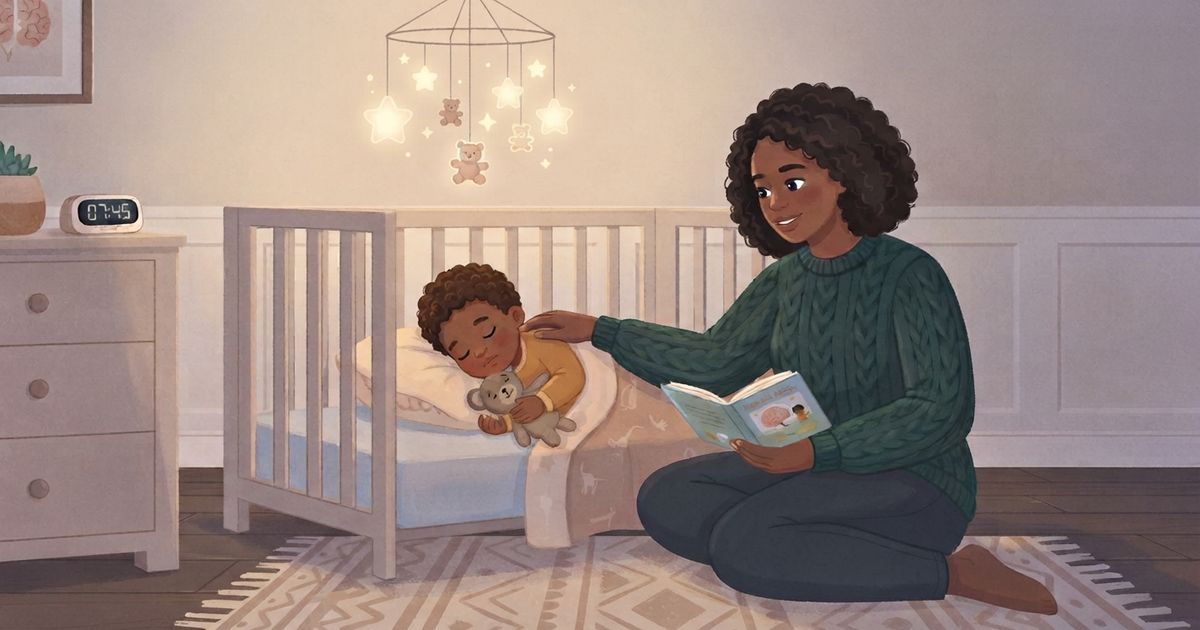 An illustrated scene in a softly lit nursery. A woman with dark curly hair wearing a green cable-knit sweater is sitting on a patterned rug, smiling down at a baby asleep in a white crib. The baby holds a small teddy bear and is covered by a blanket. Above the crib hangs a glowing star mobile. On the left, a dresser holds a plant and a digital clock displaying '07:45'. The woman holds a book in her lap. The style is warm and textured.