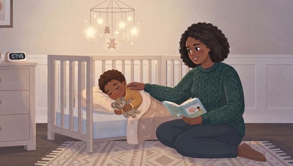 An illustrated scene in a softly lit nursery. A woman with dark curly hair wearing a green cable-knit sweater is sitting on a patterned rug, smiling down at a baby asleep in a white crib. The baby holds a small teddy bear and is covered by a blanket. Above the crib hangs a glowing star mobile. On the left, a dresser holds a plant and a digital clock displaying '07:45'. The woman holds a book in her lap. The style is warm and textured.