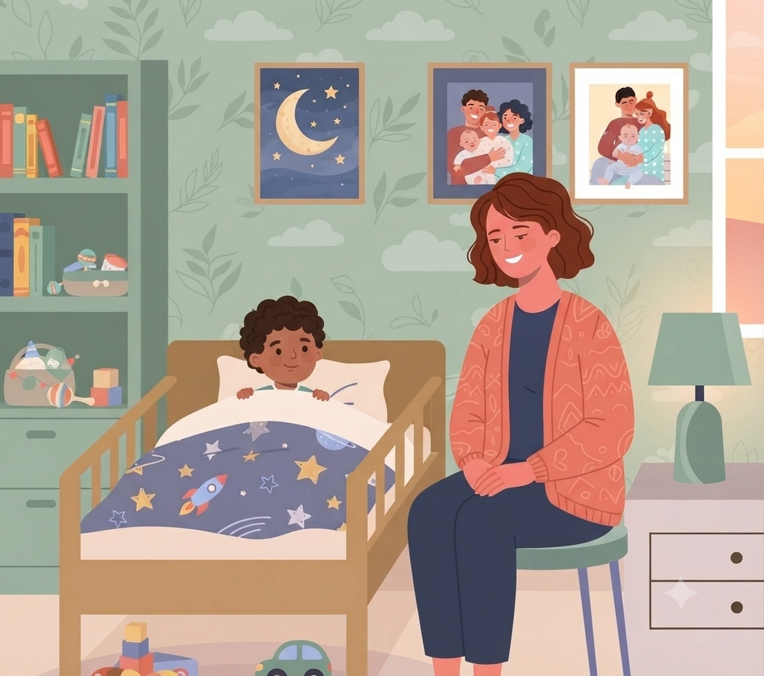 A modern vector illustration of a cozy bedroom. A woman with short, wavy brown hair, wearing a dark top and an orange-patterned cardigan, sits on a teal stool facing a child's wooden bed. The child, a young Black boy with curly dark hair, is sitting up in the bed, smiling. The bed has a blue comforter patterned with rockets, stars, and planets, and a single white pillow. Behind the bed is a light green wall with a subtle leaf and cloud pattern. On the wall, there is a bookshelf filled with books and toys, and three framed pictures: one of a crescent moon and stars, one of a family with a baby, and one of another family with a baby. To the right, a window shows a sunset, and a bedside table holds a teal-based lamp with a white shade. On the floor are some scattered building blocks and a toy car. The overall style is warm and friendly.