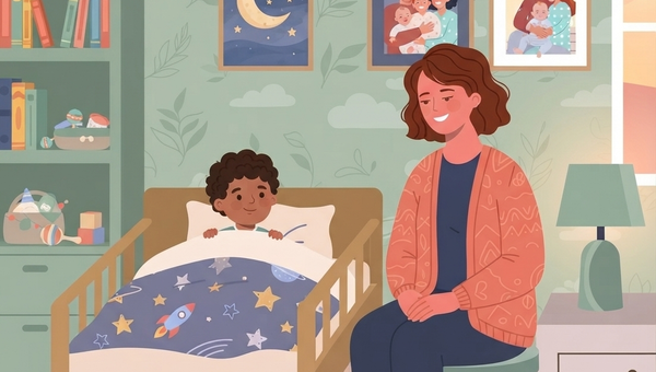 A modern vector illustration of a cozy bedroom. A woman with short, wavy brown hair, wearing a dark top and an orange-patterned cardigan, sits on a teal stool facing a child's wooden bed. The child, a young Black boy with curly dark hair, is sitting up in the bed, smiling. The bed has a blue comforter patterned with rockets, stars, and planets, and a single white pillow. Behind the bed is a light green wall with a subtle leaf and cloud pattern. On the wall, there is a bookshelf filled with books and toys, and three framed pictures: one of a crescent moon and stars, one of a family with a baby, and one of another family with a baby. To the right, a window shows a sunset, and a bedside table holds a teal-based lamp with a white shade. On the floor are some scattered building blocks and a toy car. The overall style is warm and friendly.