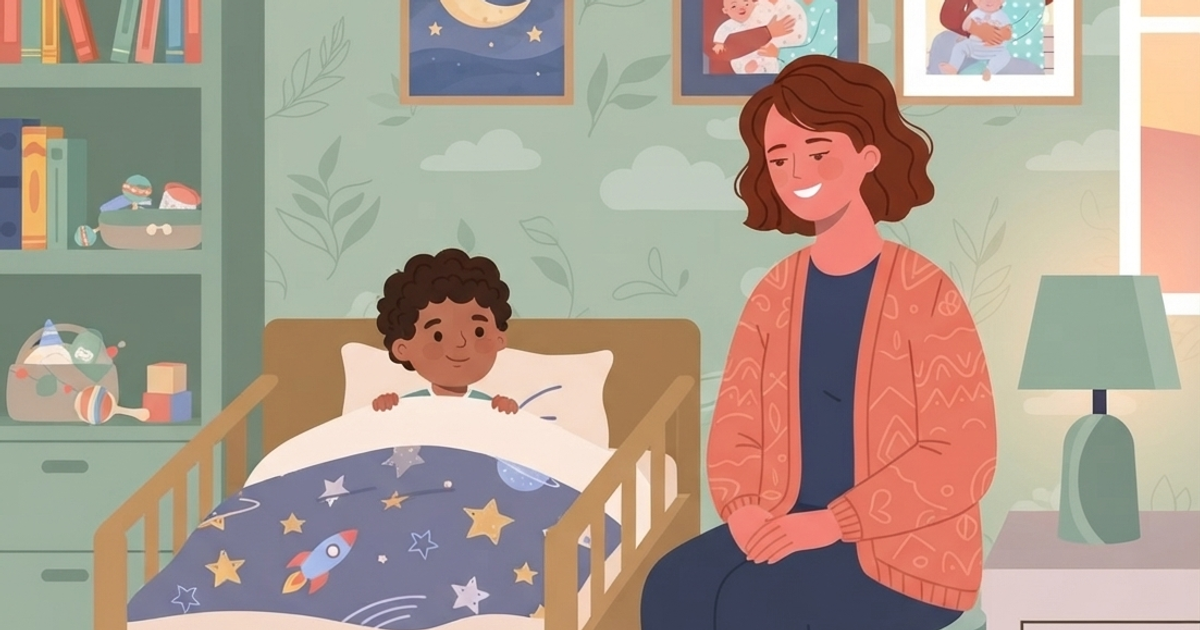 A modern vector illustration of a cozy bedroom. A woman with short, wavy brown hair, wearing a dark top and an orange-patterned cardigan, sits on a teal stool facing a child's wooden bed. The child, a young Black boy with curly dark hair, is sitting up in the bed, smiling. The bed has a blue comforter patterned with rockets, stars, and planets, and a single white pillow. Behind the bed is a light green wall with a subtle leaf and cloud pattern. On the wall, there is a bookshelf filled with books and toys, and three framed pictures: one of a crescent moon and stars, one of a family with a baby, and one of another family with a baby. To the right, a window shows a sunset, and a bedside table holds a teal-based lamp with a white shade. On the floor are some scattered building blocks and a toy car. The overall style is warm and friendly.