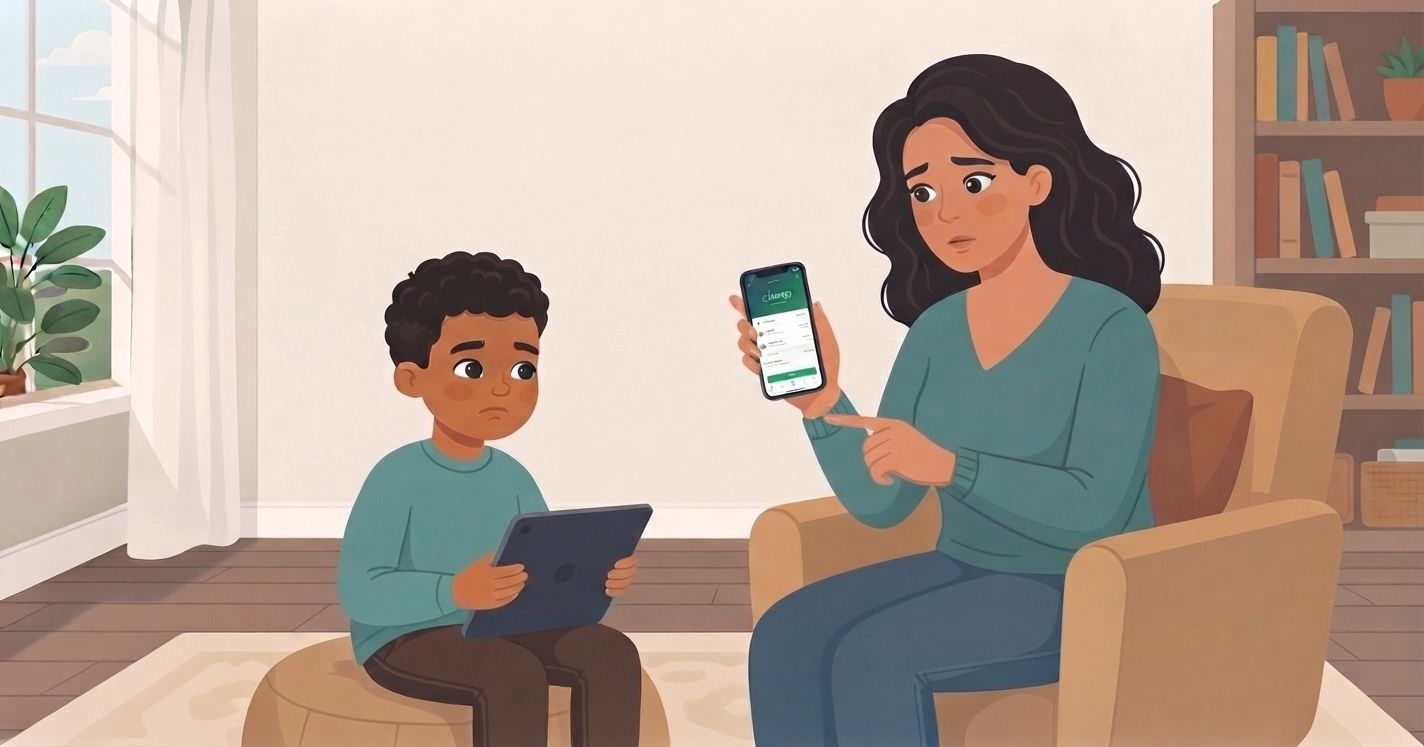 An illustration shows a woman with dark, wavy hair sitting in an armchair, holding up a smartphone that displays a receipt or payment screen, while pointing at the phone with her other hand. Next to her, a young boy with dark hair sits on a pouf, holding a tablet. The background shows a home setting with a window, a plant, and a bookshelf.