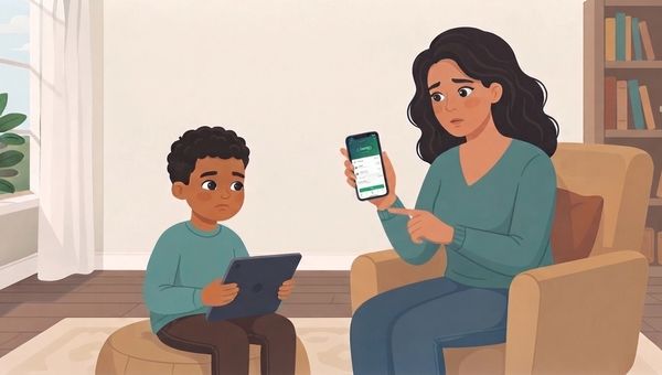 An illustration shows a woman with dark, wavy hair sitting in an armchair, holding up a smartphone that displays a receipt or payment screen, while pointing at the phone with her other hand. Next to her, a young boy with dark hair sits on a pouf, holding a tablet. The background shows a home setting with a window, a plant, and a bookshelf.